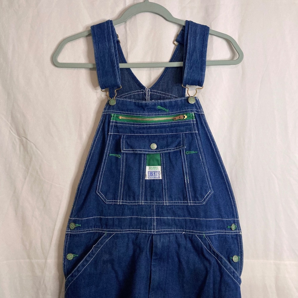 Liberty Denim Bib Overalls Mens 34x32 Blue Utility Workwear Green Accents Grunge